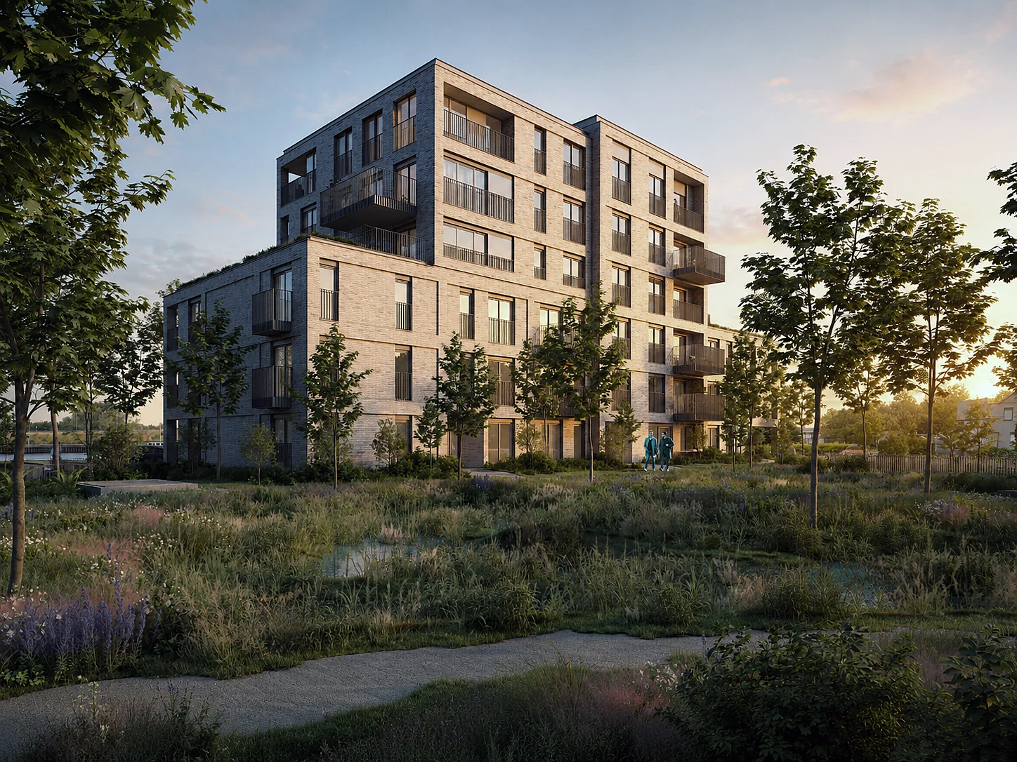 Appartementengebouw en groene binnentuin